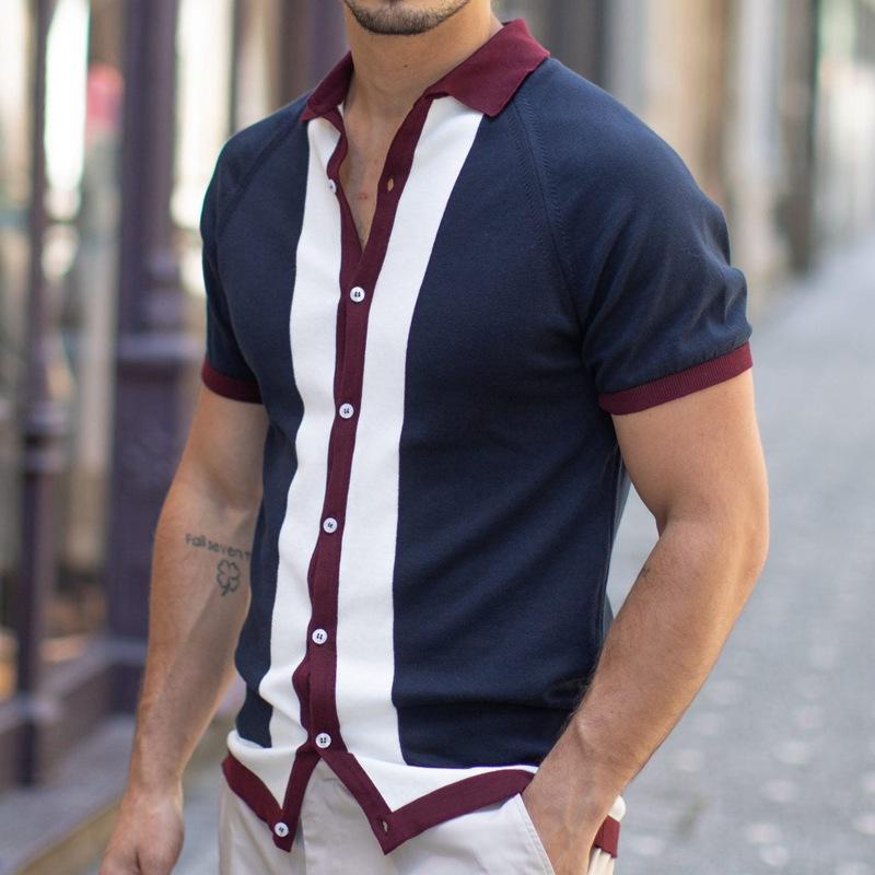 Conyson Summer Men's Short-sleeved Knitted Casual POLO Shirts Contrast Color Slim Lapel Custom Ice Silk POLO Men Clothes T-shirt