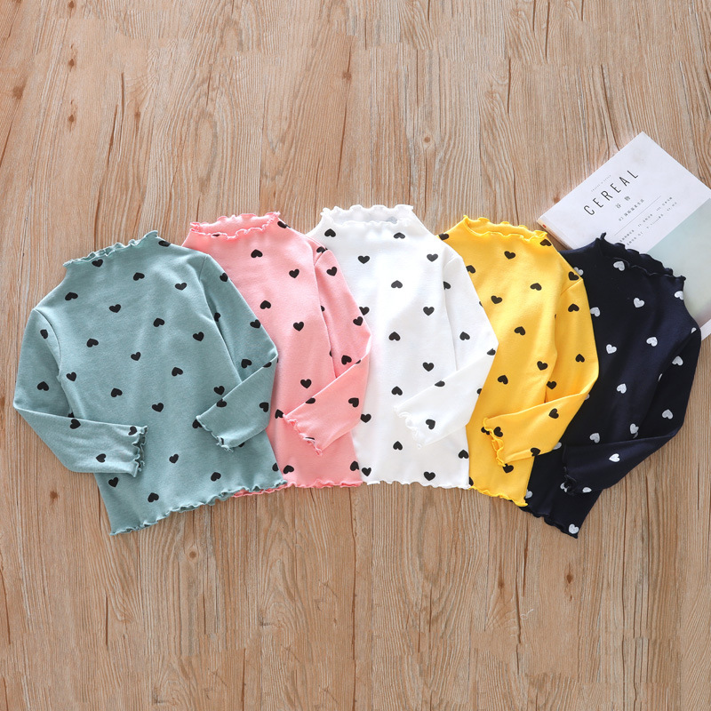 New Fashion Hot Sale 4 colors cheap Price cotton long sleeve girls Love dots print high wave collar sweater base shirt