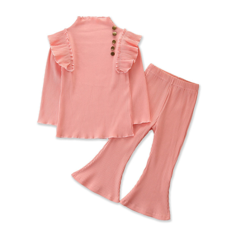 Conyson Fashion Kids Summer Girls Clothes Sets 2pcs Ruffles Solid Knit Long Sleeve Pullover Tops Flare Pants Boutique Girls Set