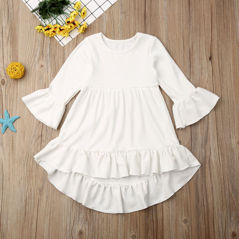 Conyson Hot Sale Princess Kids Clothes Baby Girls Flower Skirt Knitted Solid Long Flared Sleeve Ruffle Tutu Wedding Party Dress