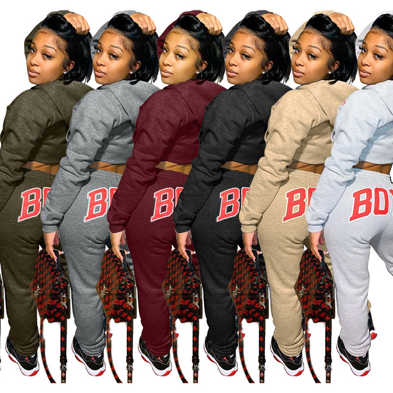Conyson Custom Logo Designer Solid Fashionable Long Sleeve Letter Printed Sweatshirt Casual Pants Hoodies Jogger For Women Sets