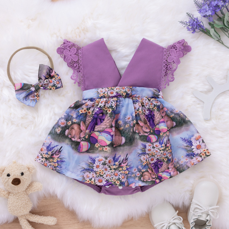 Conyson Wholesale Kids Clothes Baby Summer Short Sleeve Easter Gift Bunny Rabbit Print Purple Lace Princess Romper Headband Set