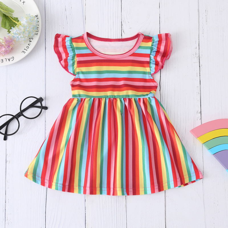 Conyson New Hot Sale Summer Kids Clothing Cotton Colorful Rainbow Striped Sleeveless Ruffle Sleeve Princess Vest Sweet Dress