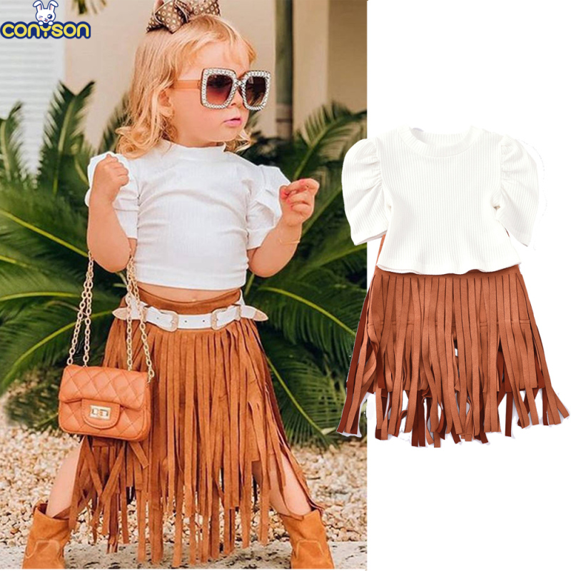 Conyson Hot New Kids Clothes Outfit Baby Girls Puff Tops T-shirt Tassel Skirt Children Fashion Tassels Skirt Summer Clothing Set