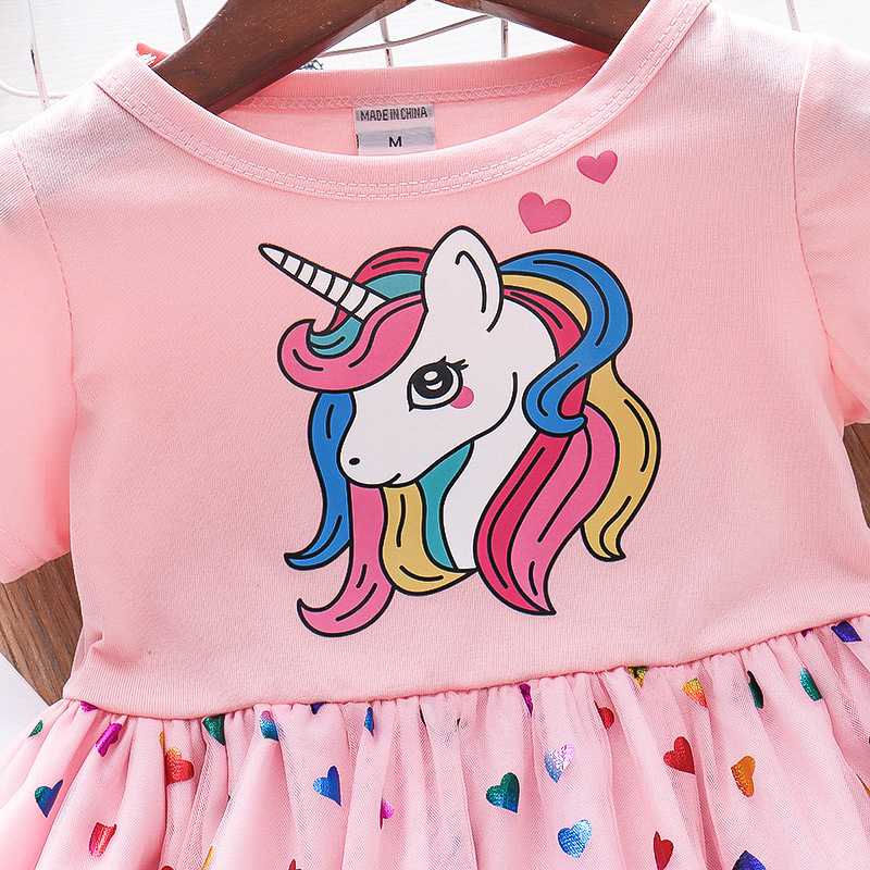 Conyson New Summer Girls Dress Cotton Cartoon Unicorn Splicing Mesh Party Princess Dresses For 2-6 Years Girls Birthday Clothes
