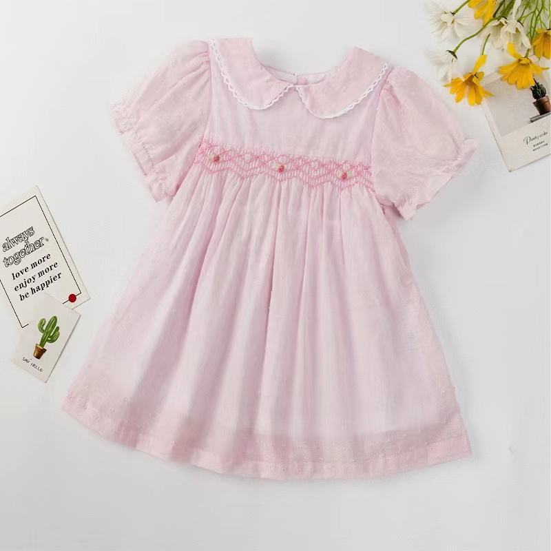 Customization Embroidery Kids Dress Summer 100% Cotton Casual Handmade Smocking Dress Boutique Party Smock Dress Girl