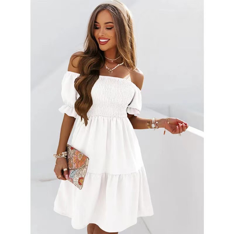 Conyson Summer Fashion Off Shoulder Short Sleeve Dress Hot Sale Solid Casual Backless Floral Beach Women's Dresses