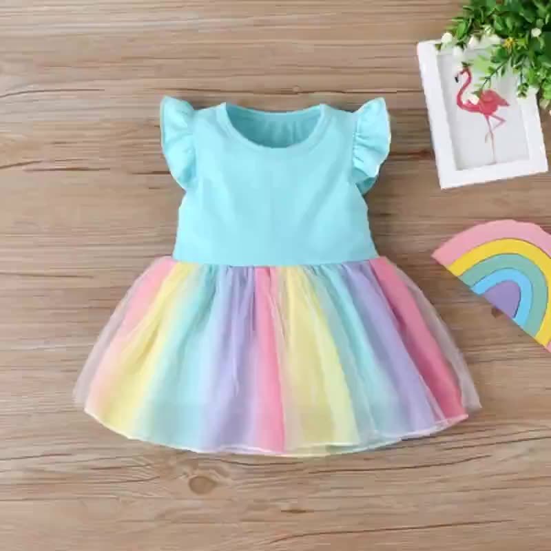 Conyson New Hot Sale Summer Kids Clothing Cotton Colorful Rainbow Striped Sleeveless Ruffle Sleeve Princess Vest Sweet Dress