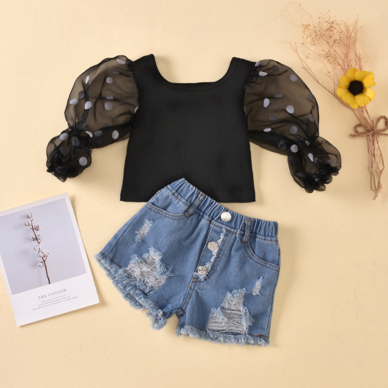 Conyson Fashion Children Clothes Sets Kids Baby Girls Mesh Sheer Puff Long Sleeve Blouse +Denim Shorts Jeans Outfits Tracksuit