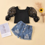 Conyson Fashion Children Clothes Sets Kids Baby Girls Mesh Sheer Puff Long Sleeve Blouse +Denim Shorts Jeans Outfits Tracksuit