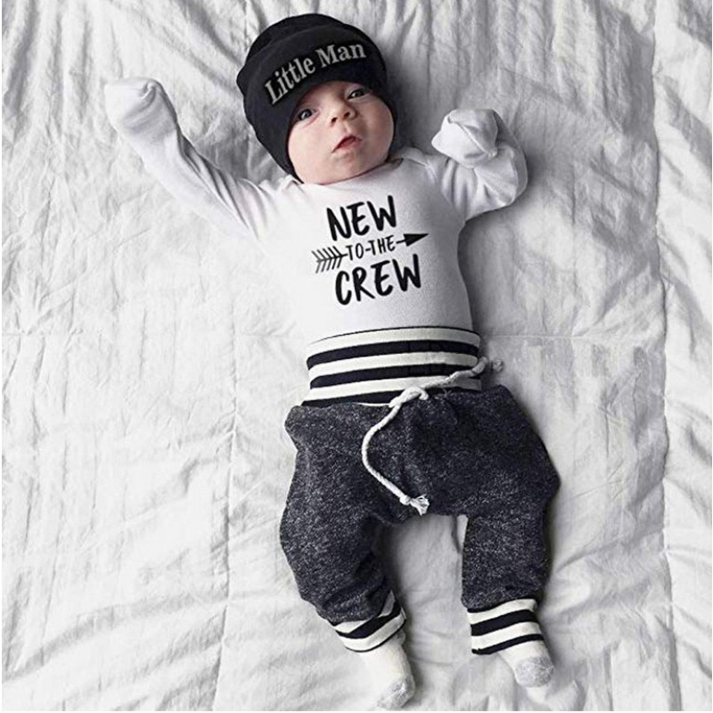 Conyson 0-18Months Newborn Boy Letter Print Clothes Cotton Sets Long Sleeve Romper Pant Hats Outfit 3Pcs Toddle Baby Warm Suits