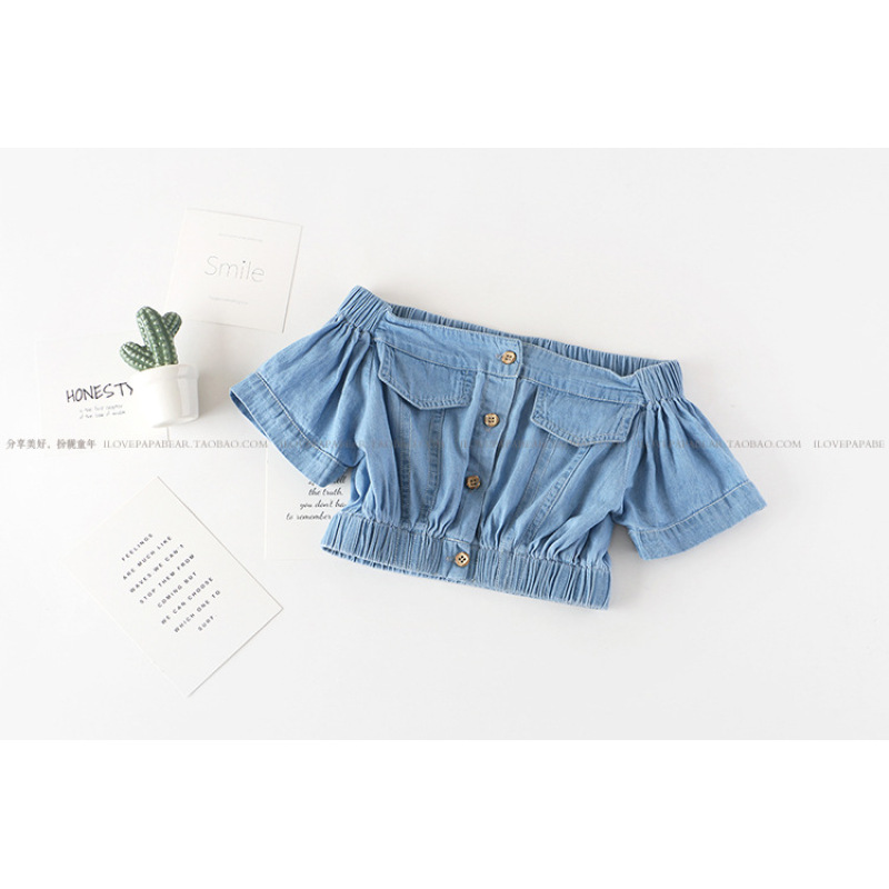 Summer New Fashion Girls Summer Hot Sale Toddler Girl Clothing Set Kids Off Shoulder Button Denim Top And Jeans Skirt Set