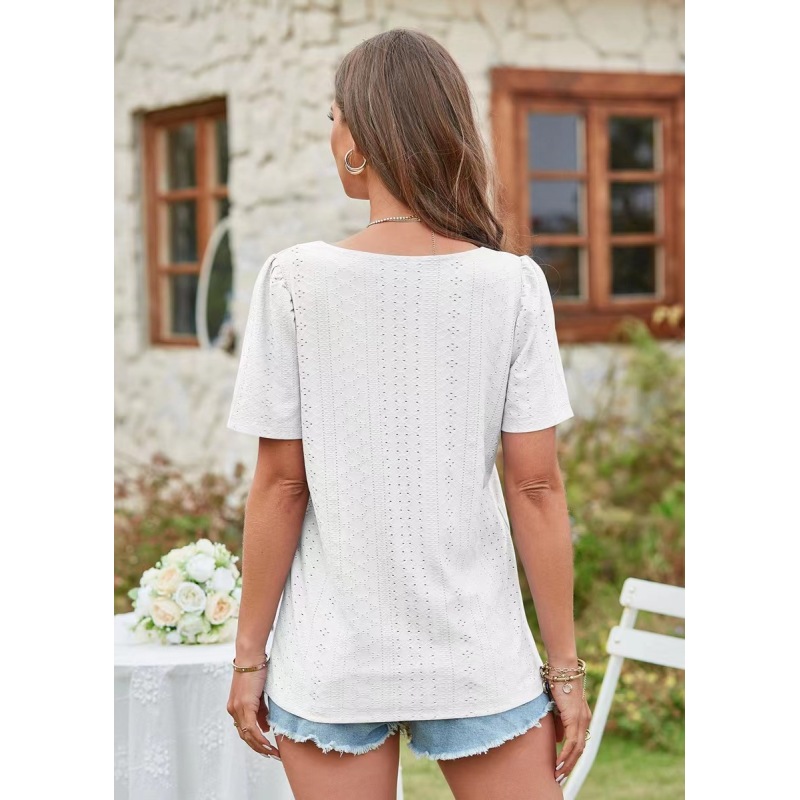 Conyson Wholesale Fast Shipping Summer Fashion Plain Macaron Splicing Design Knitting Square Collar White Short T-shirt Women