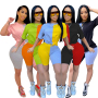 fashion design summer Custom logo Made Outdoor women patchwork colors loose clothes 2 pieces adult t-shirt shorts clothing Set