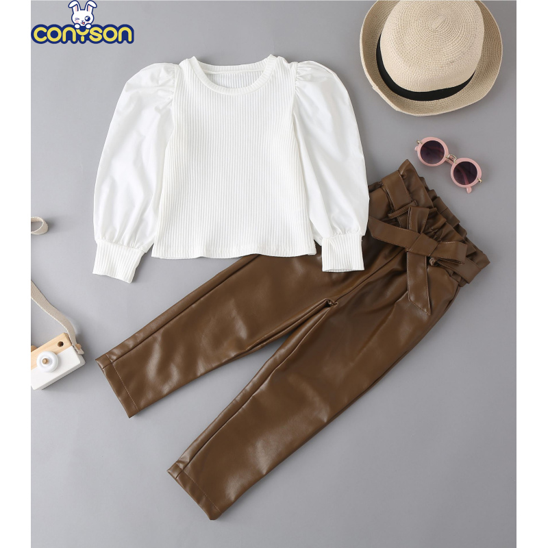 Conyson White Long Sleeve Pullover Baggy Sweats Ruffle Square Collar Leather Pure Color baby girls Long Pants Girl 2Pcs Suit