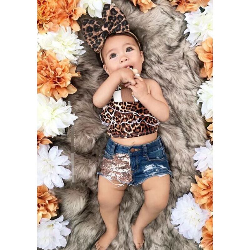 Children Sport Suit New Leopard Print Cotton Summer Baby Girls Sets Baby Girls Clothes Sleeve Shirt Leopard Sets Clothing