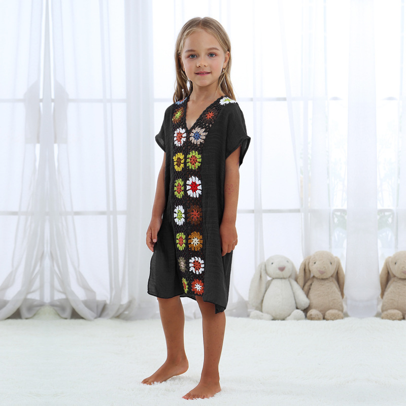 Conyson High Quality Kids short Sleeve Dress 100% polyester hollow out flower pure color Summer Girls Dress Girl Clothes Dress