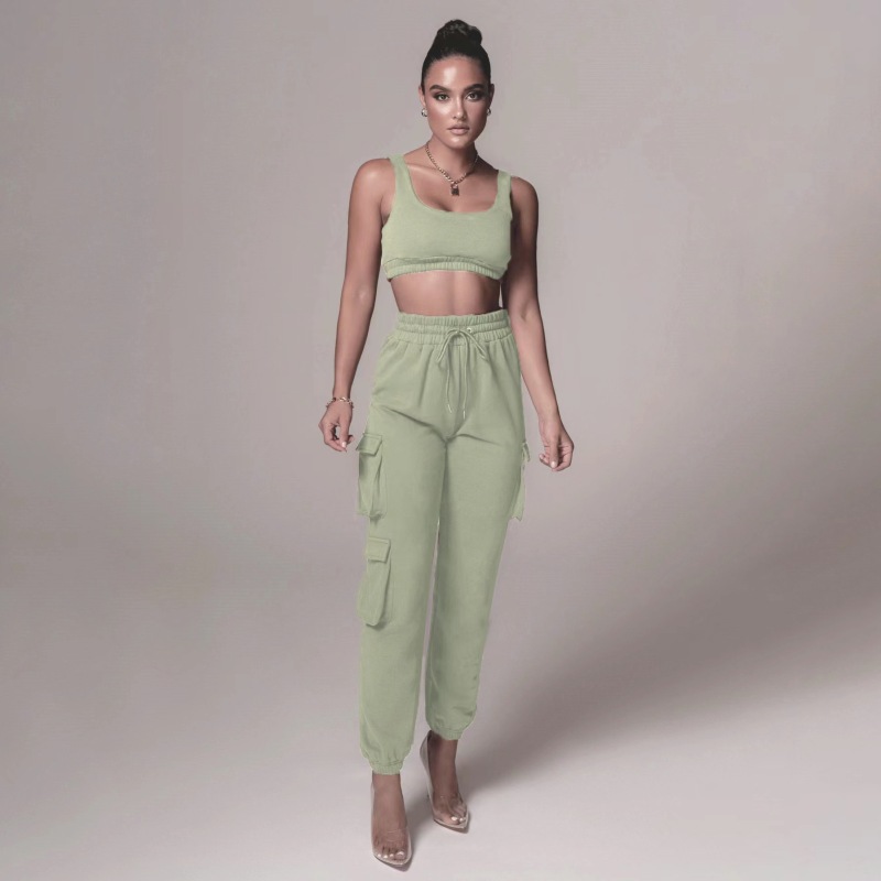 Conyson Hot Sale Custom Sport Gym Pullover Three-dimensional Pocket Pinching Pants Plain Crop Top Oversized Women's Vest Set