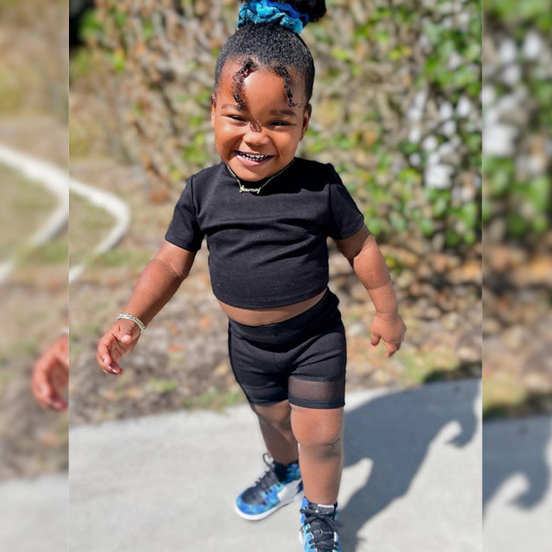Conyson Hot Sale Kid Clothes Summer New Short Sleeves Black Solid Lace Top Shorts 2Pcs Fashion Children Causal Custom Outfit