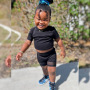 Conyson Hot Sale Kid Clothes Summer New Short Sleeves Black Solid Lace Top Shorts 2Pcs Fashion Children Causal Custom Outfit