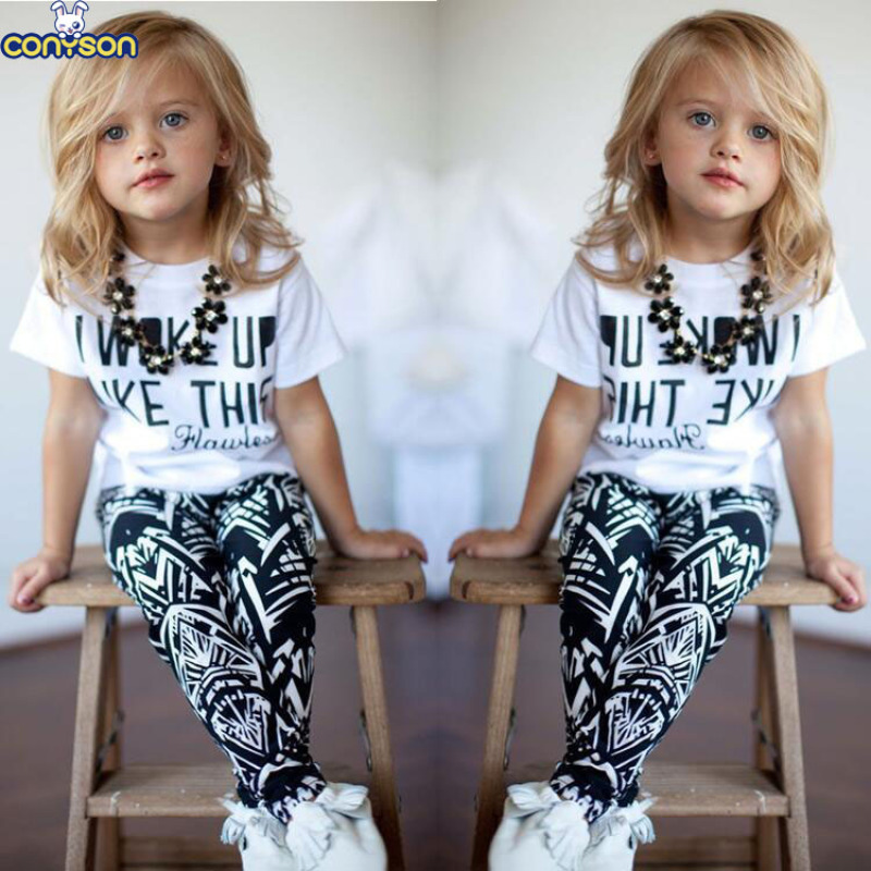 Conyson Hot Kids Summer Clothes Fashion Short Sleeve Letter Printed T-shirts+ Stripes Plaid Pants 2Pcs Baby Girls Clothing Set