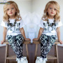 Conyson Hot Kids Summer Clothes Fashion Short Sleeve Letter Printed T-shirts+ Stripes Plaid Pants 2Pcs Baby Girls Clothing Set