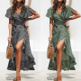 Conyson Wholesale Short Sleeves Prom Elegant V-neck Fashion Ruffles Polka Dot Floral Maxi Split Beach Lady Casual Women Dresses