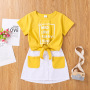 Conyson Wholesale Summer New Letter Print Tie Belt Round Neck Shirt and Pocket Skirt Kids Clothes Baby Girls 2Pcs Clothing Set