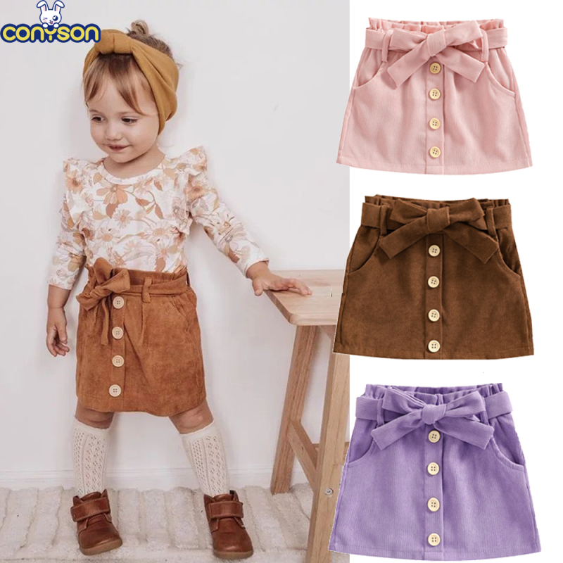 Conyson Wholesale Kids Clothes Spring Autumn Korean Velvet Button Belt bow Baby Girls Stripes Pocket Skirt Boutique Outfit Dress