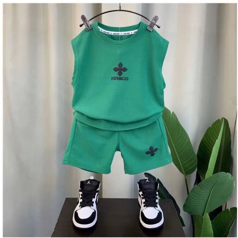 Conyson Wholesale Summer Baby Clothes Fashion Sleeveless Children Cartoon Printed Outfit Kids Clothing Boys' Two Piece Short Set