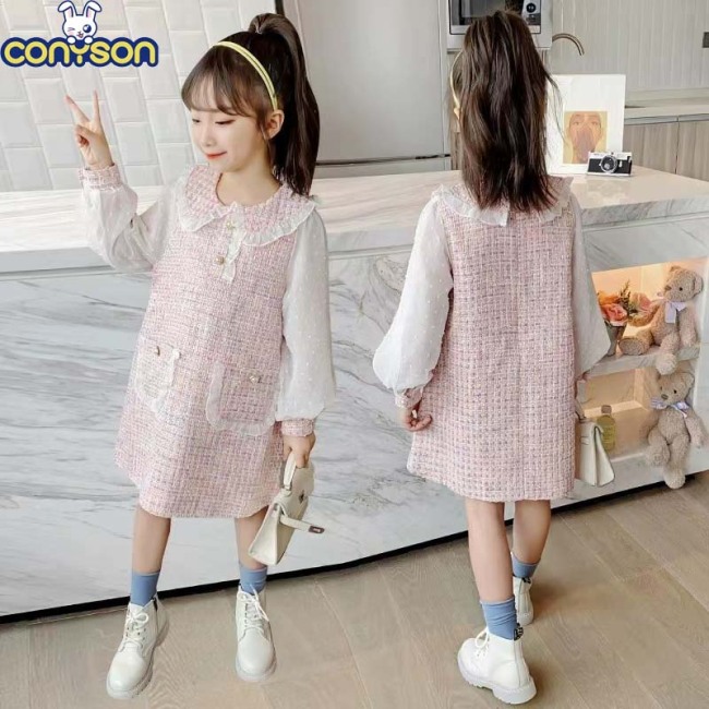 Conyson RTS Hot Sale Spring Autumn 3-9 Year Baby Girls Casual Style Cotton Knitted Doll Collar Fancy Baby Girl One Piece Dress
