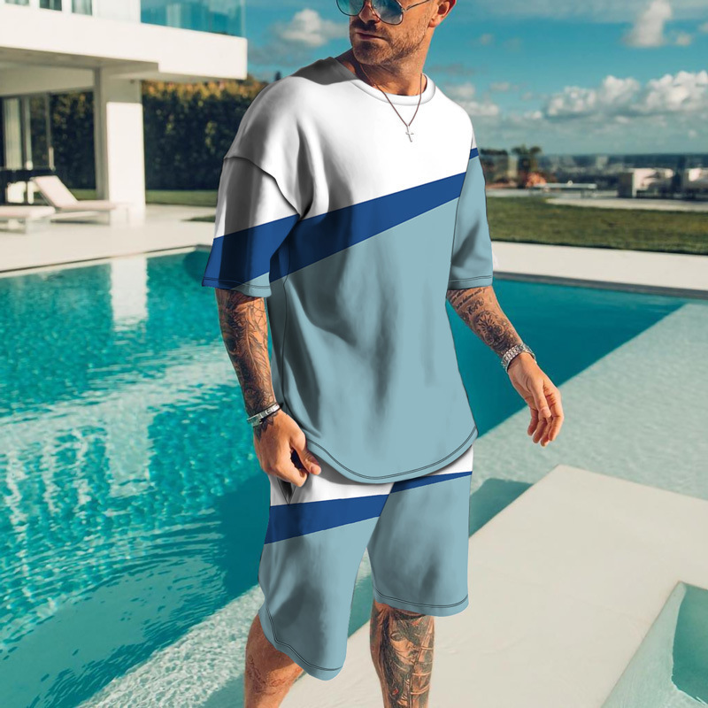 hot sale rts summer Custom logo Made Outdoor men jogger Clothes suit patchwork color clothing two-piece adult t-shirt short Set