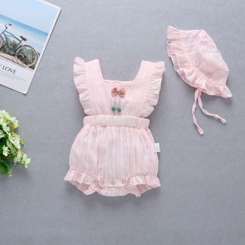 Conyson Summer Cute Baby Girls Romper 2pcs Ruffles Sleeveless Flowers Solid Jumpsuits With Hats Baby Kids Clothes Outfit Sets