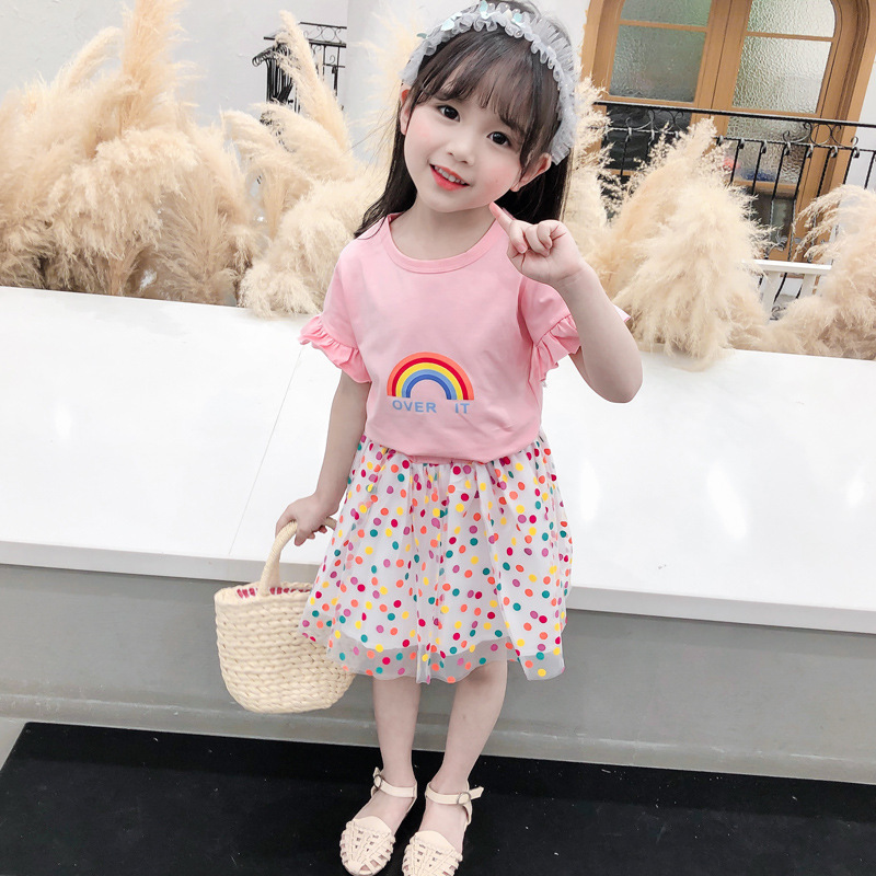 Conyson Summer 2023 New Children's Fashionable Clothes Baby Summer Dress Tulle Skirt Two-Piece Newborn Rainbow Ruffle Girl Set