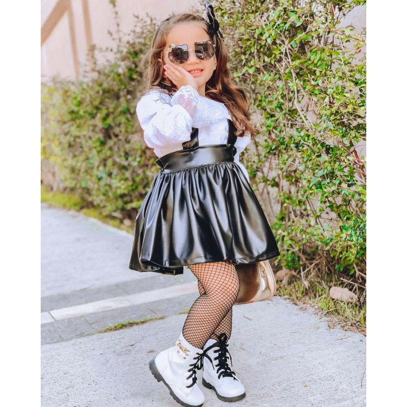 Children's Clothes Suit Girls Lace Bottoming Shirt +Leather PU Strap Skirt 2 Pcs Spring Autumn Baby Fashion Long-Sleeved Outfits