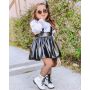 Children's Clothes Suit Girls Lace Bottoming Shirt +Leather PU Strap Skirt 2 Pcs Spring Autumn Baby Fashion Long-Sleeved Outfits