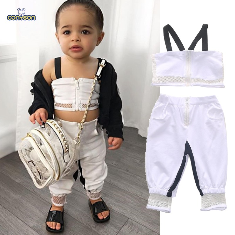 Conyson Mesh Zip White Cotton Tank Top High Waist Long Jogging Pants Workout Clothing Toddler Baby Girls 2pcs Tracksuit Set