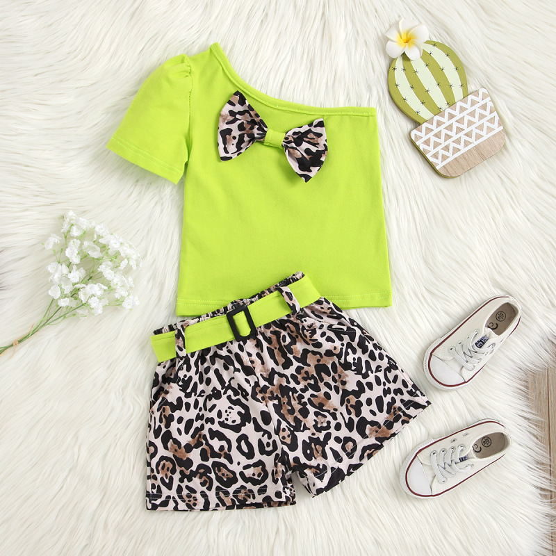Conyson Summer Fashion Kids Girls Clothes Sets 3pcs Leopard Printed One Shoulder T-shirts Tops Shorts With Belt Baby Casual Suit
