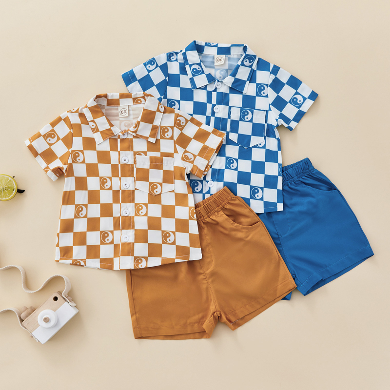 Conyson Summer Casual Kids Boys Clothes Sets Plaid Printed Short Sleeve Single Breasted Shirts+Shorts Patchwork Children Outfit