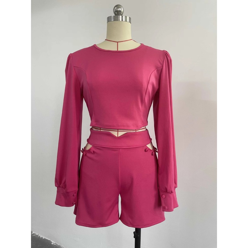 Conyson New Arrivals Spring Autumn Plain Crop Top Hollow Out Comfy leisure Wear Women's Polyester Set 2-piece Button Short Set