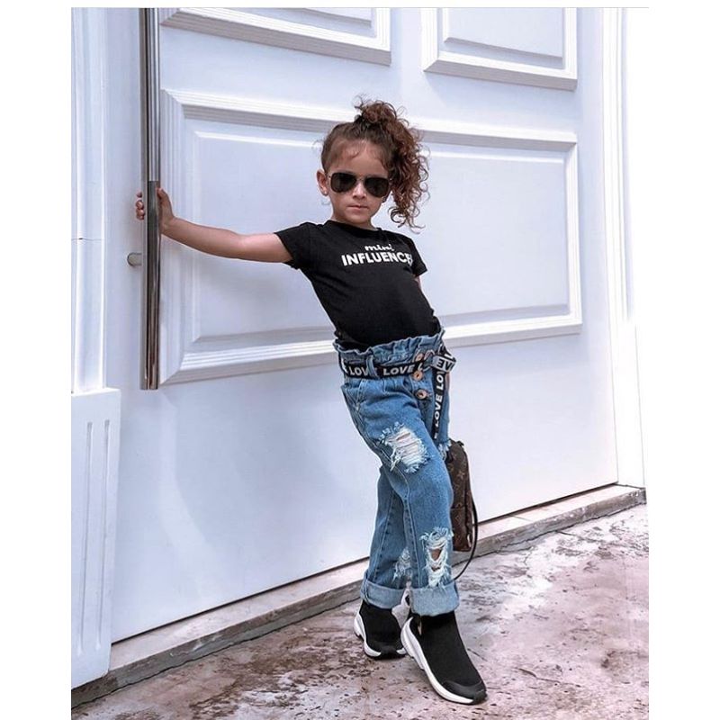 Summer Black Cotton Printed Letter T-shirt Button Hole Denim Trouser Belt Outfit Girls 2pcs Set
