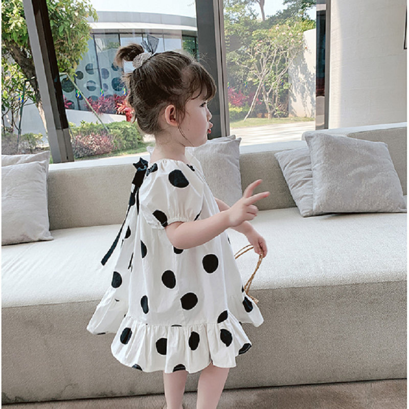 wholesale Cotton Fabric 2021 Summer Girls White Speckled Round neck narrow cuff Ruffle Dress With Short Sleeve