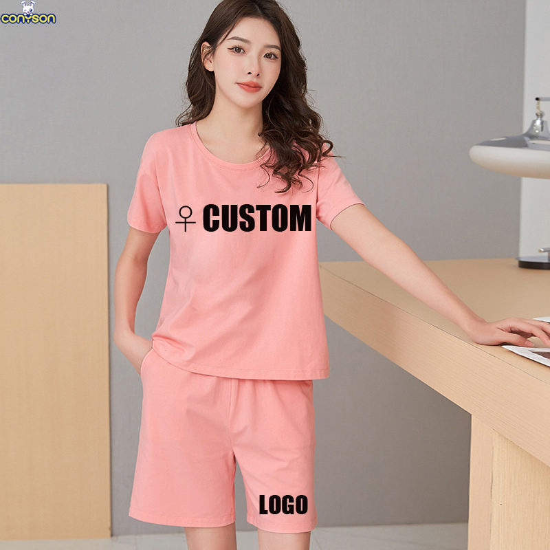 hot sale fashion summer Custom logo Made outdoor casual women solid cotton suit clothes two-piece adult t-shirt clothing Set