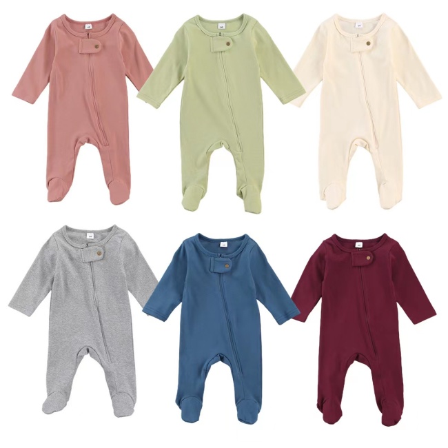 Conyson Wholesale Spring Newborn Clothes Solid Long Sleeve Infant Clothing With Foot Crew Neck Soft Cotton Baby Girls Zip Romper