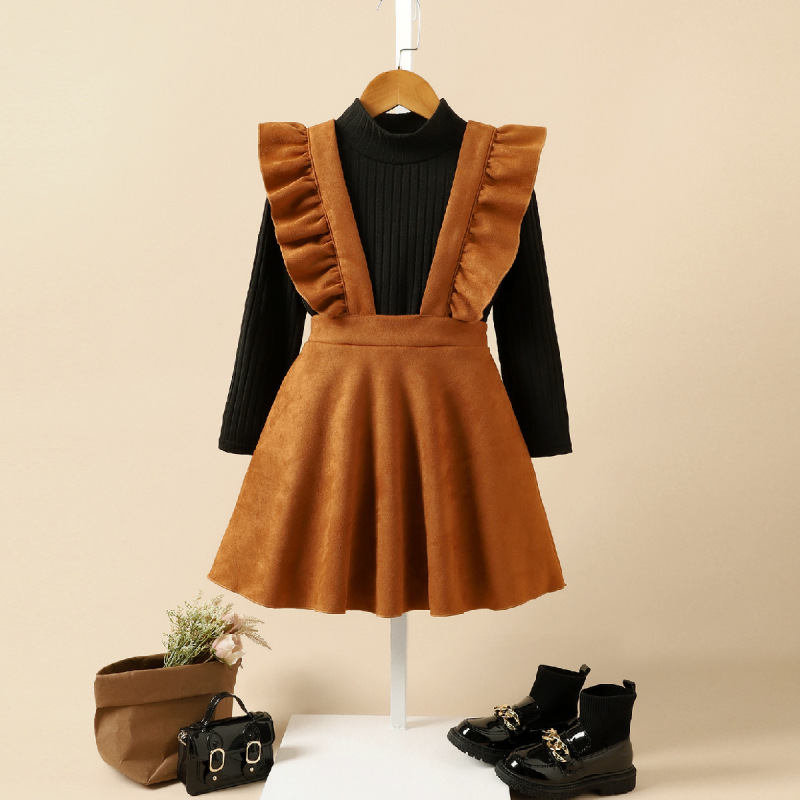Conyson Boutique Kids Clothes Sweater Brown Strap Skirt 3 Pcs Children Girl Suits Cotton Solid Top Elegant Dresses With Belt Set