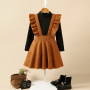 Conyson Boutique Kids Clothes Sweater Brown Strap Skirt 3 Pcs Children Girl Suits Cotton Solid Top Elegant Dresses With Belt Set