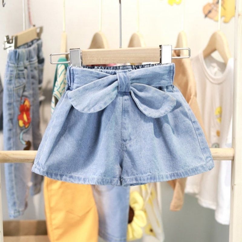 Girls High Waist Big Bow Shorts Kids Clothes Fashion Girl Jeans Children Summer Tie Knot Bow Casual Pants Elastic Children Jeans