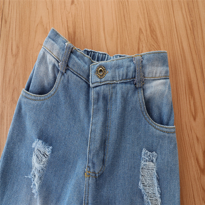 Conyson Wholesale Kids Clothes Fashion Summer Kids Girls Clothes Sets 2pcs Off Shoulder Halter Solid Tops Hole Blue Denim Pants