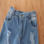 Conyson Wholesale Kids Clothes Fashion Summer Kids Girls Clothes Sets 2pcs Off Shoulder Halter Solid Tops Hole Blue Denim Pants