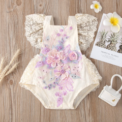 Conyson Wholesale Latest Design Summer Fluffy Lace Embroidery Boutique Flowers Girls Jumpsuit newborn Baby Rompers